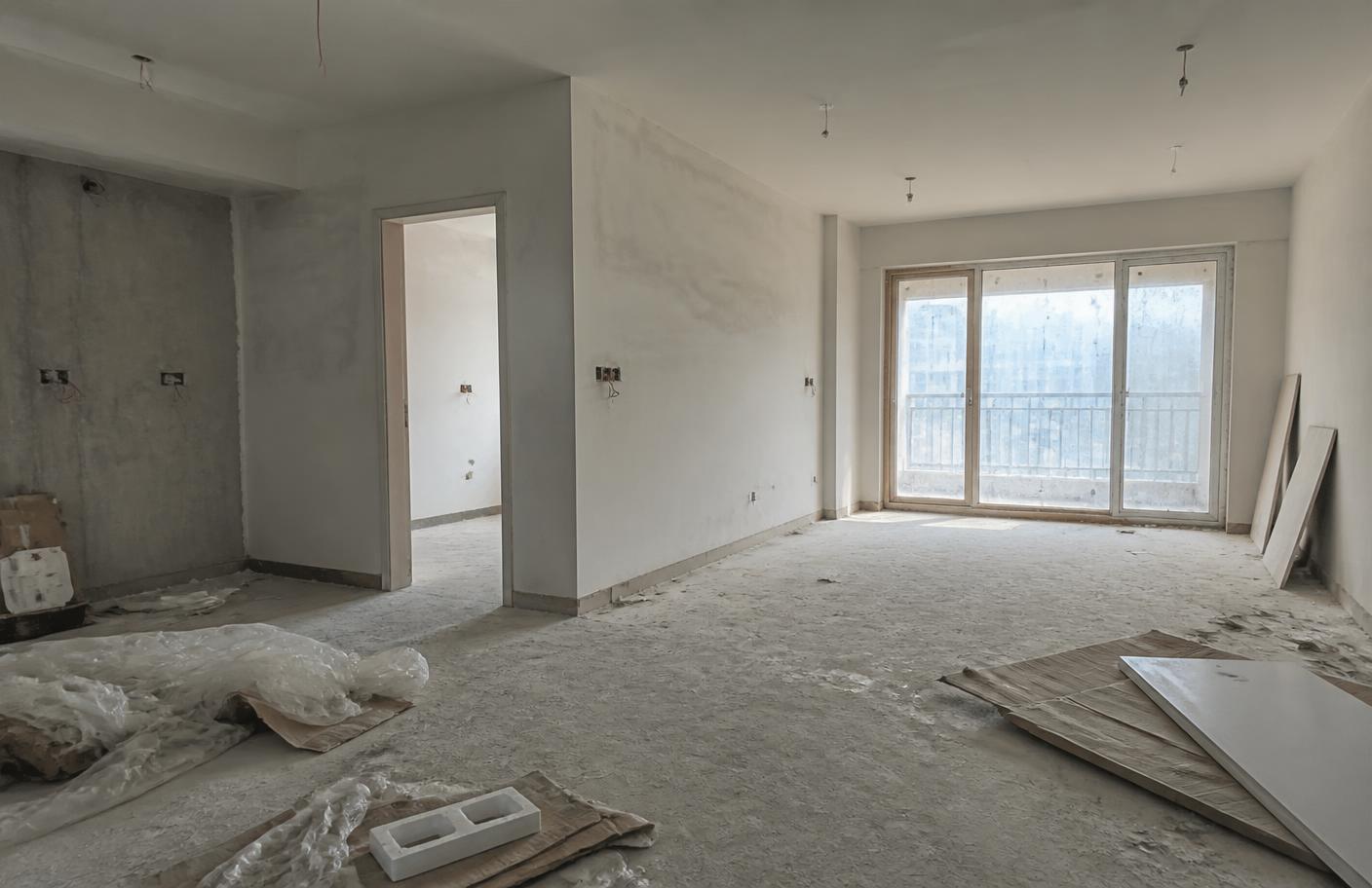 Illustrative dusty apartment interior after construction