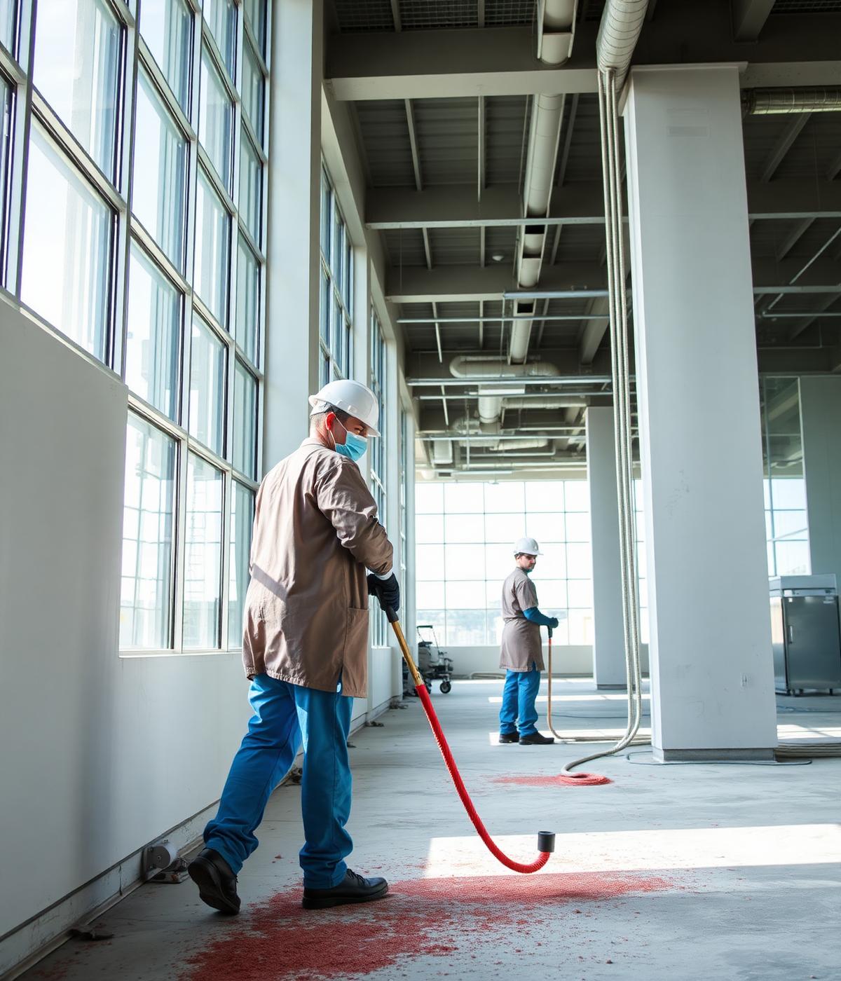 Cleaners working inside a nearly completed commercial development