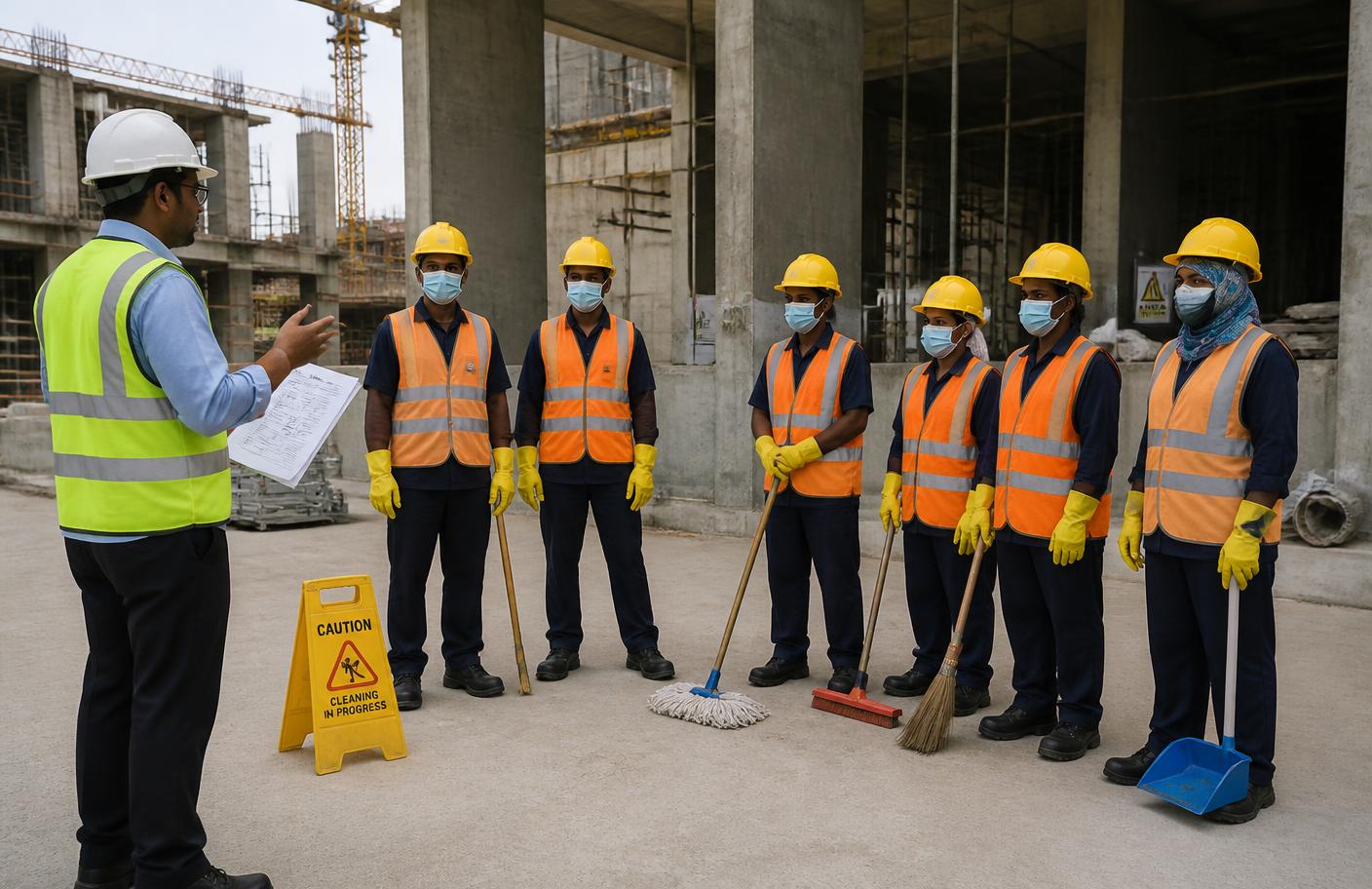 Cleaning crew in full PPE receiving a site safety briefing