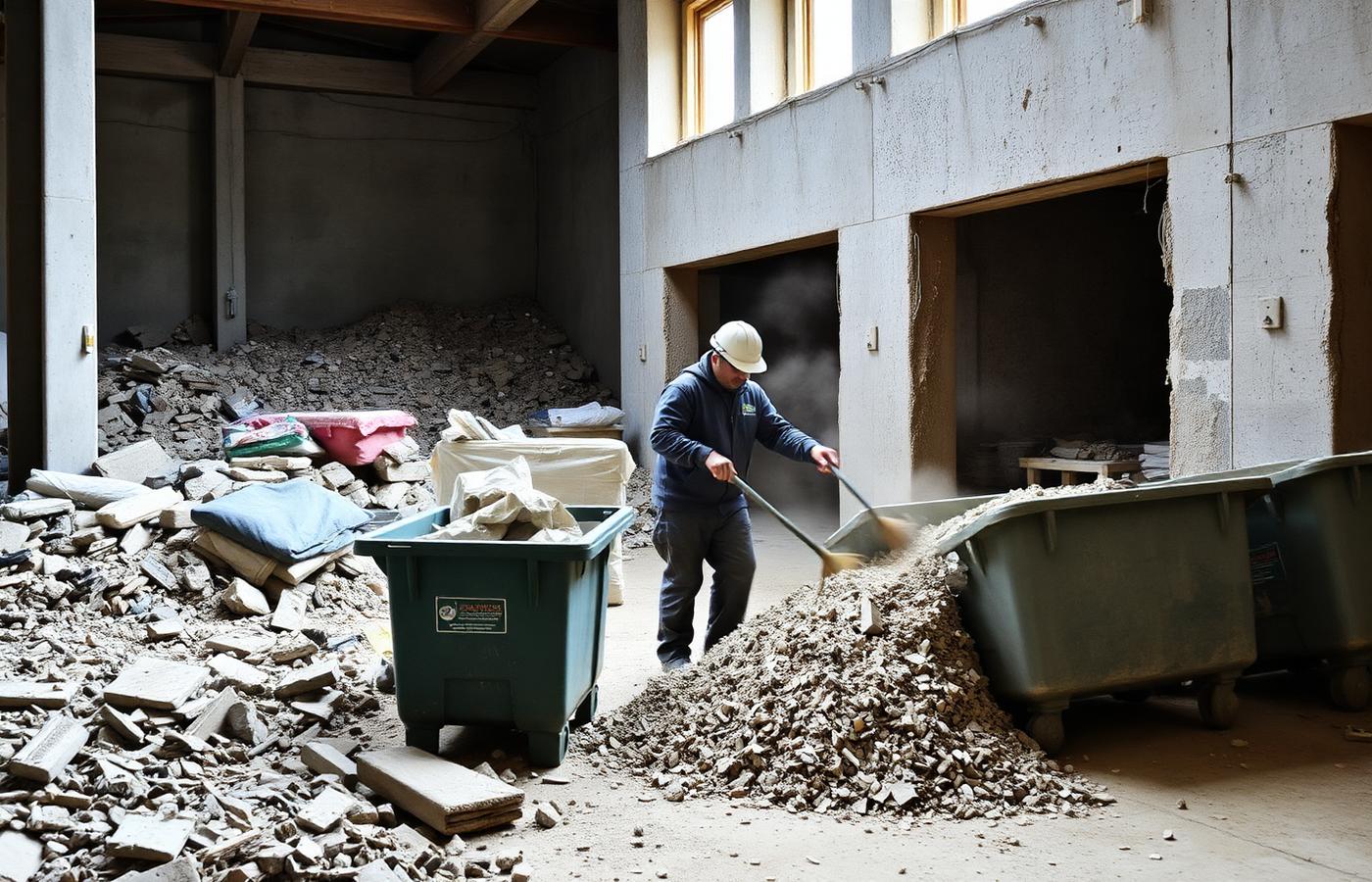 Worker clearing rubble and debris on an active construction site